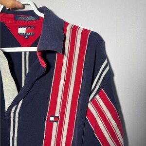 VINTAGE Tommy Hilfiger Navy and Red Striped Polo